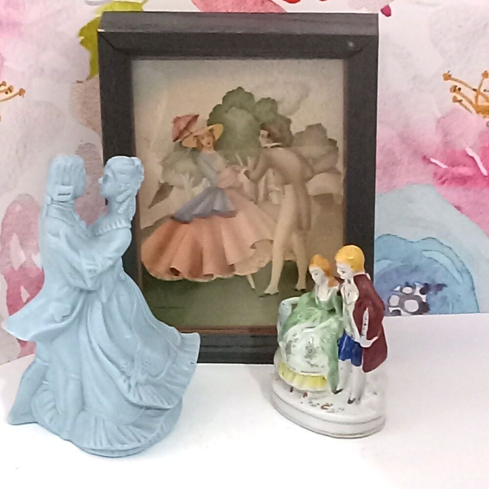 Victorian Courting COUPLES Decor LOT Vintage Figurine Candle Sandre Print Framed